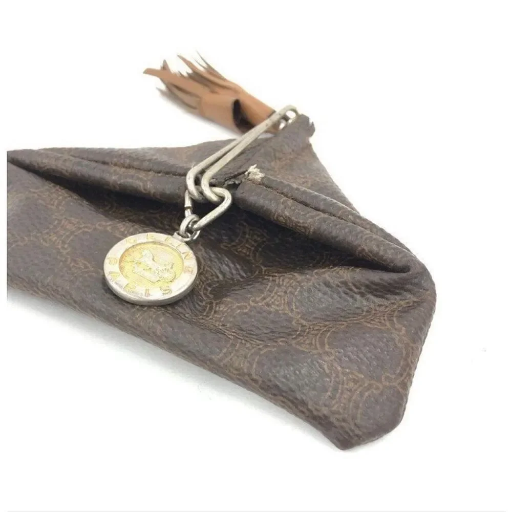 Celine Macadam Coin Case Pouch Brown Logo Print Leather Luxury Charm Tassle